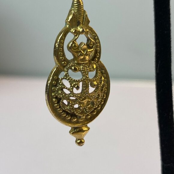 Gold-Tone Filigree Dangle Earrings With Ornate Design & Fleur De Lis Accents - Picture 9 of 10